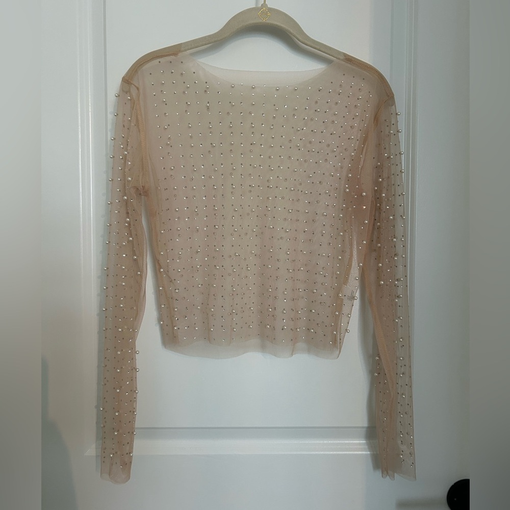 NWOT Pearl Rhinestone Sheer Long Sleeve Top Size Small